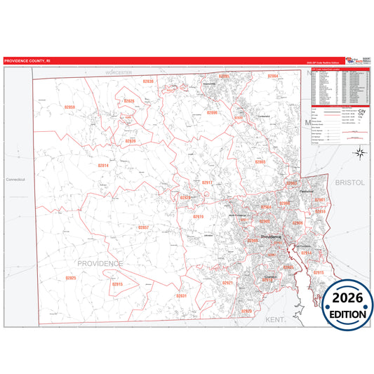 Providence County, RI Red Line 5 Digit ZIP Code Wall Map