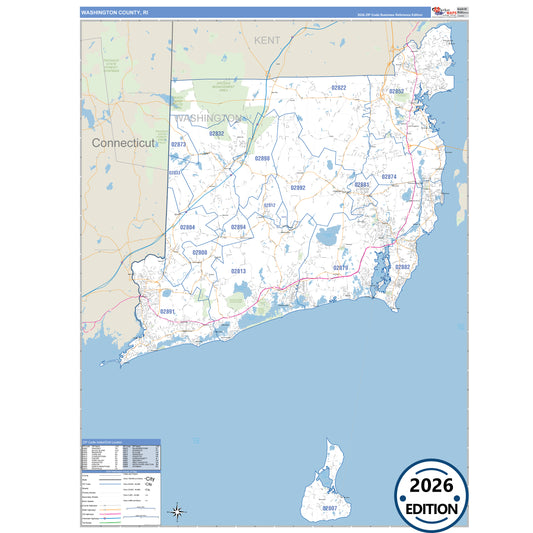Washington County, RI Business Reference 5 Digit ZIP Code Wall Map