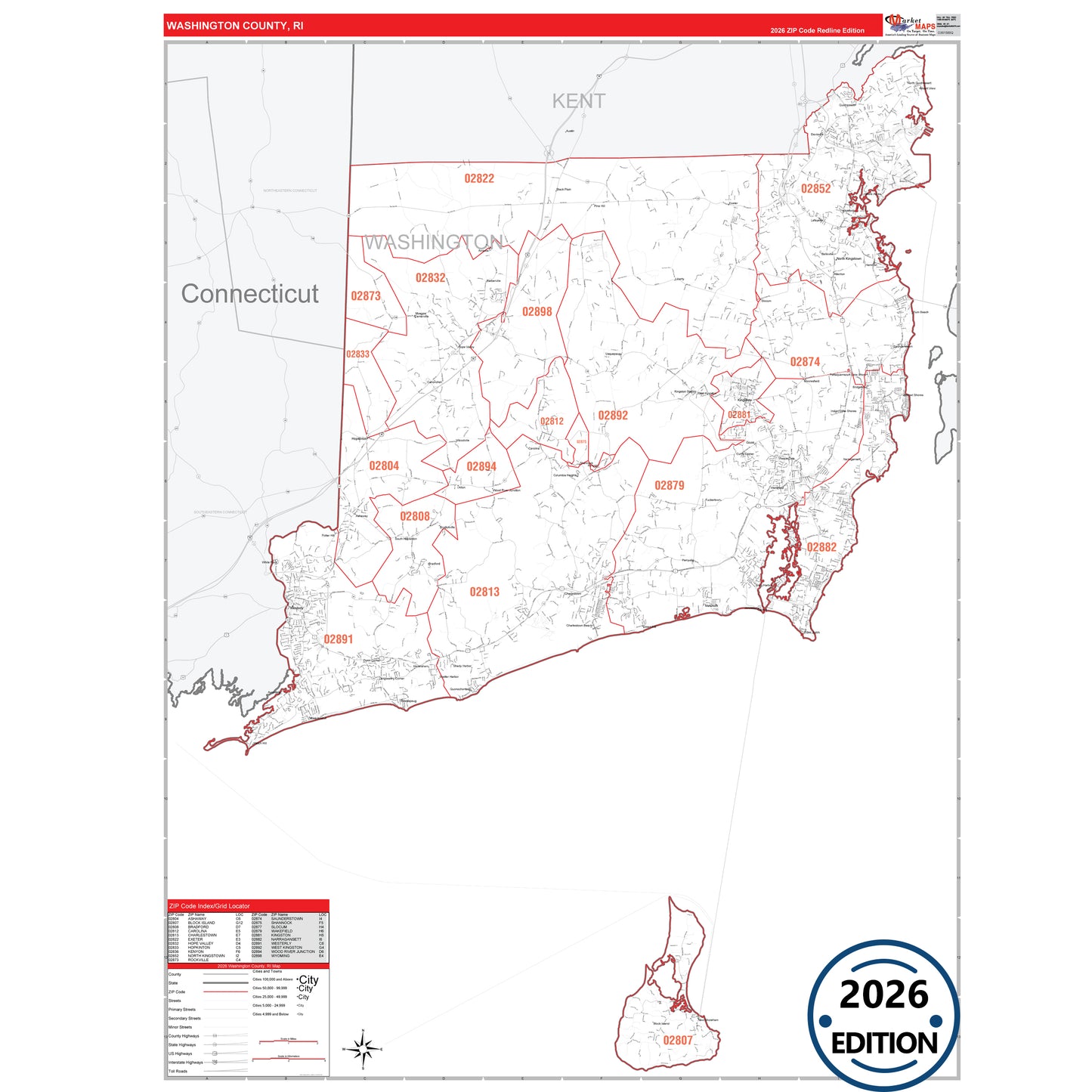 Washington County, RI Red Line 5 Digit ZIP Code Wall Map