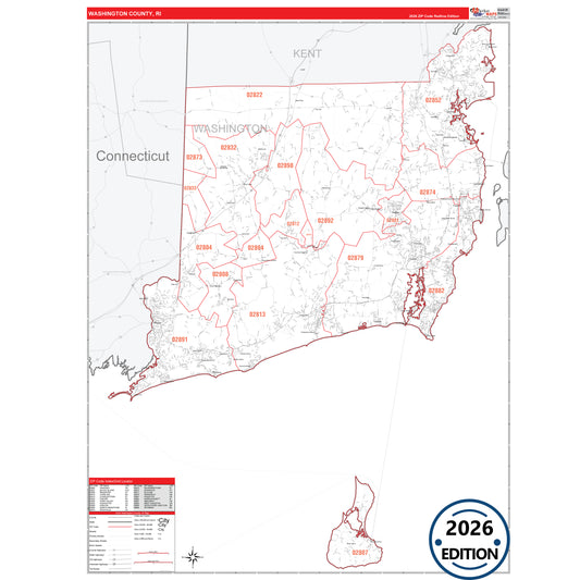 Washington County, RI Red Line 5 Digit ZIP Code Wall Map