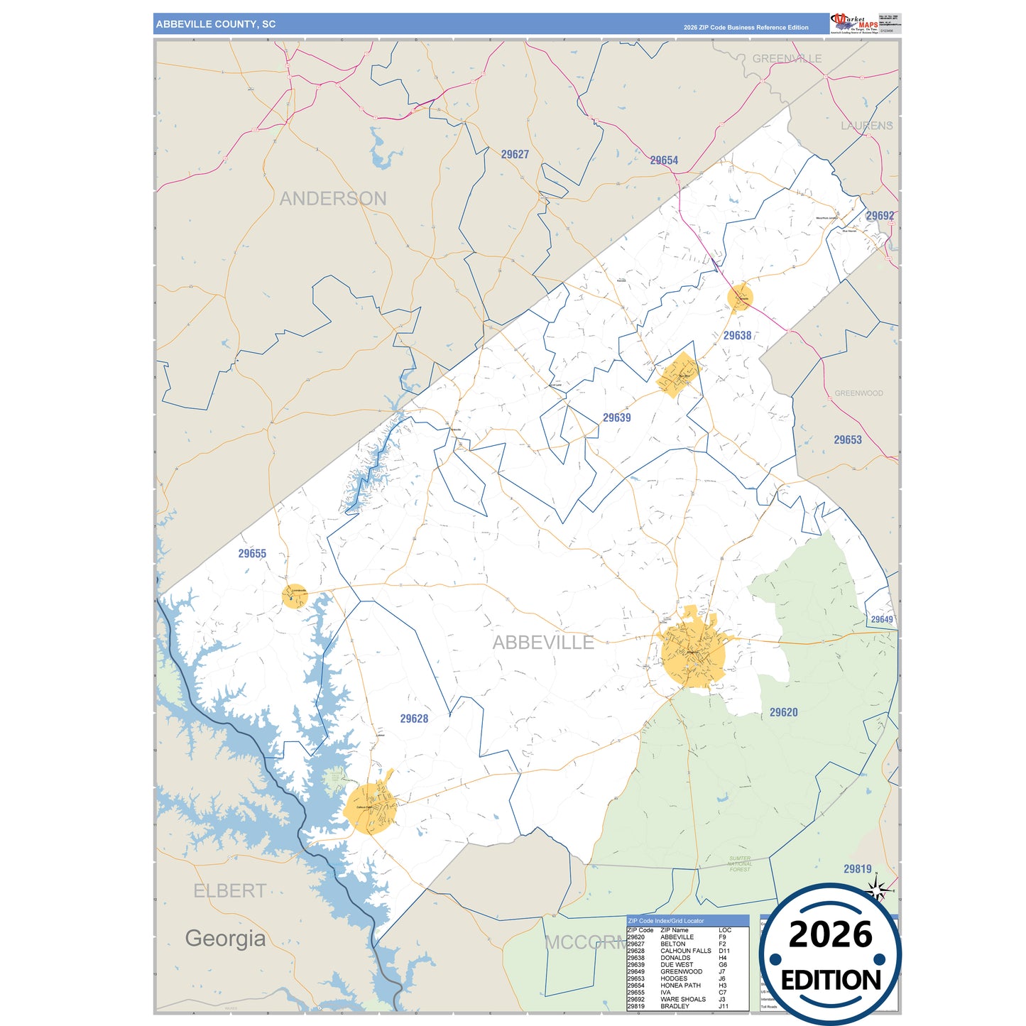 Abbeville County, SC Business Reference 5 Digit ZIP Code Wall Map