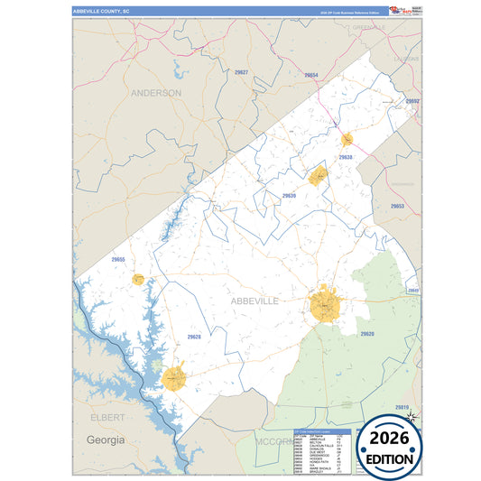 Abbeville County, SC Business Reference 5 Digit ZIP Code Wall Map