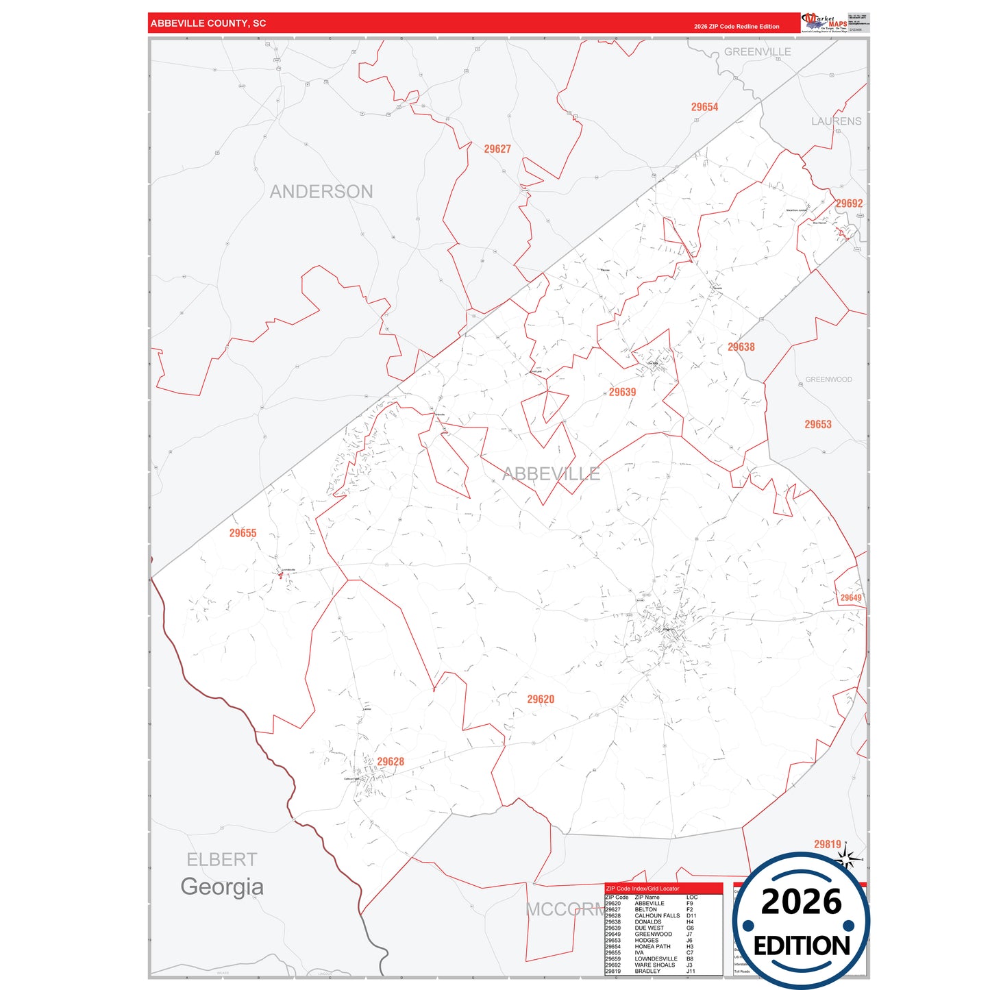 Abbeville County, SC Red Line 5 Digit ZIP Code Wall Map