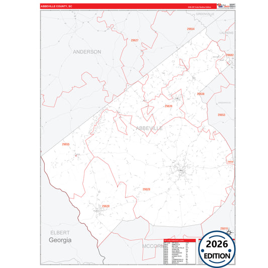 Abbeville County, SC Red Line 5 Digit ZIP Code Wall Map