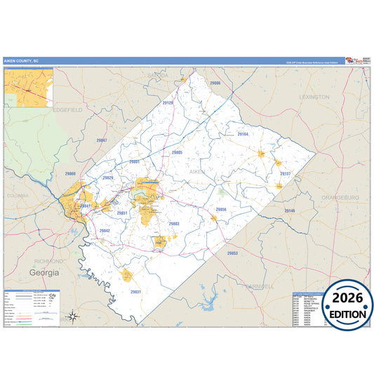 Aiken County, SC Business Reference 5 Digit ZIP Code Wall Map