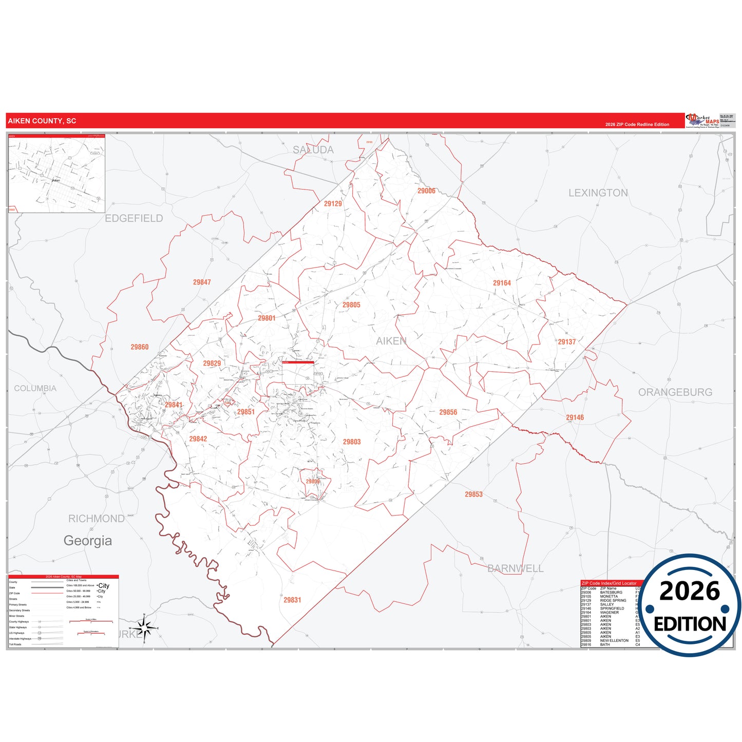 Aiken County, SC Red Line 5 Digit ZIP Code Wall Map