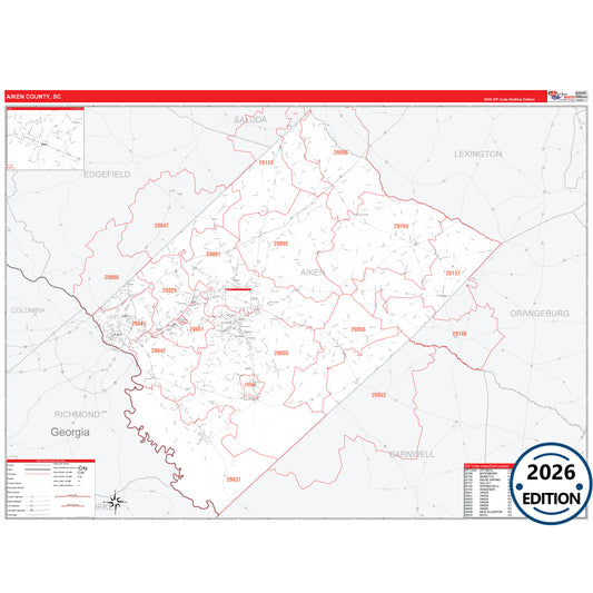 Aiken County, SC Red Line 5 Digit ZIP Code Wall Map