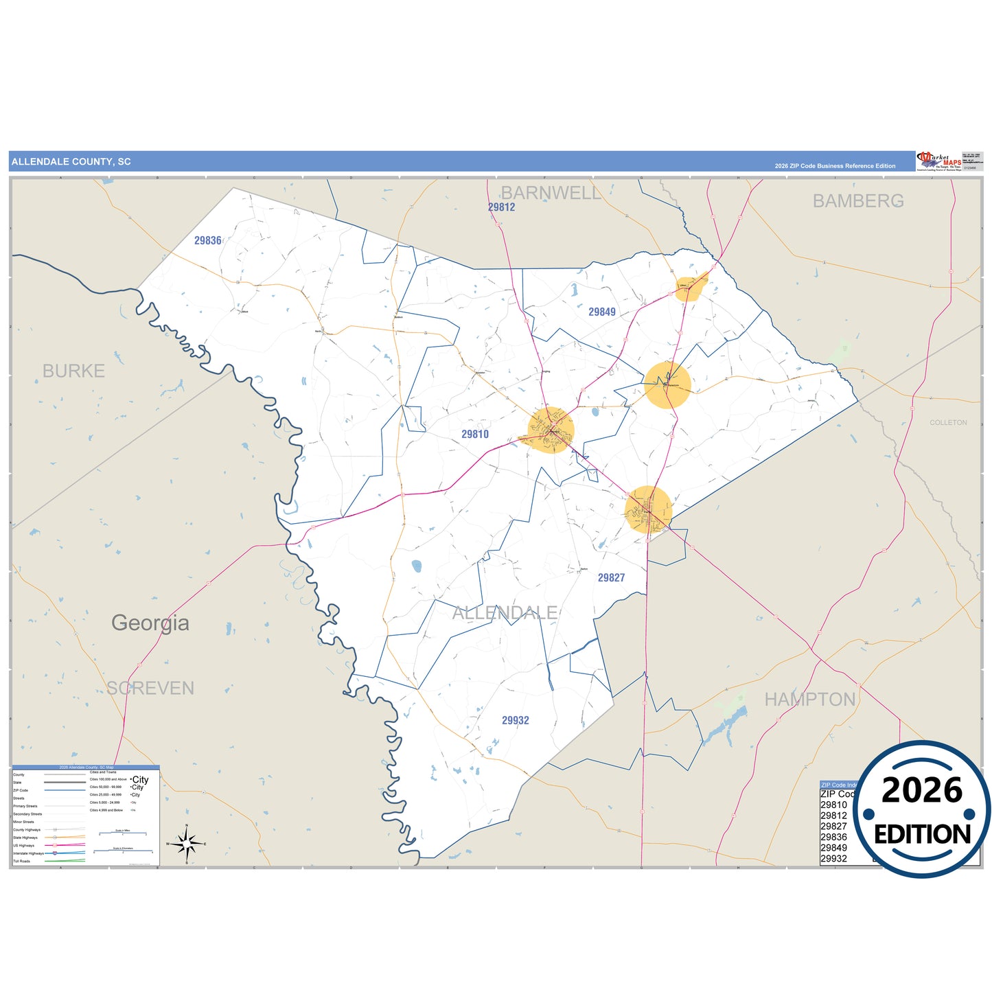 Allendale County, SC Business Reference 5 Digit ZIP Code Wall Map
