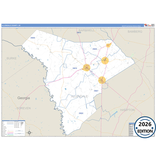 Allendale County, SC Business Reference 5 Digit ZIP Code Wall Map