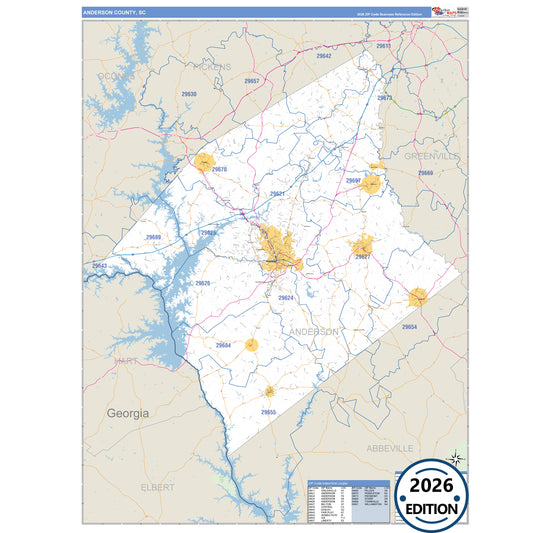 Anderson County, SC Business Reference 5 Digit ZIP Code Wall Map