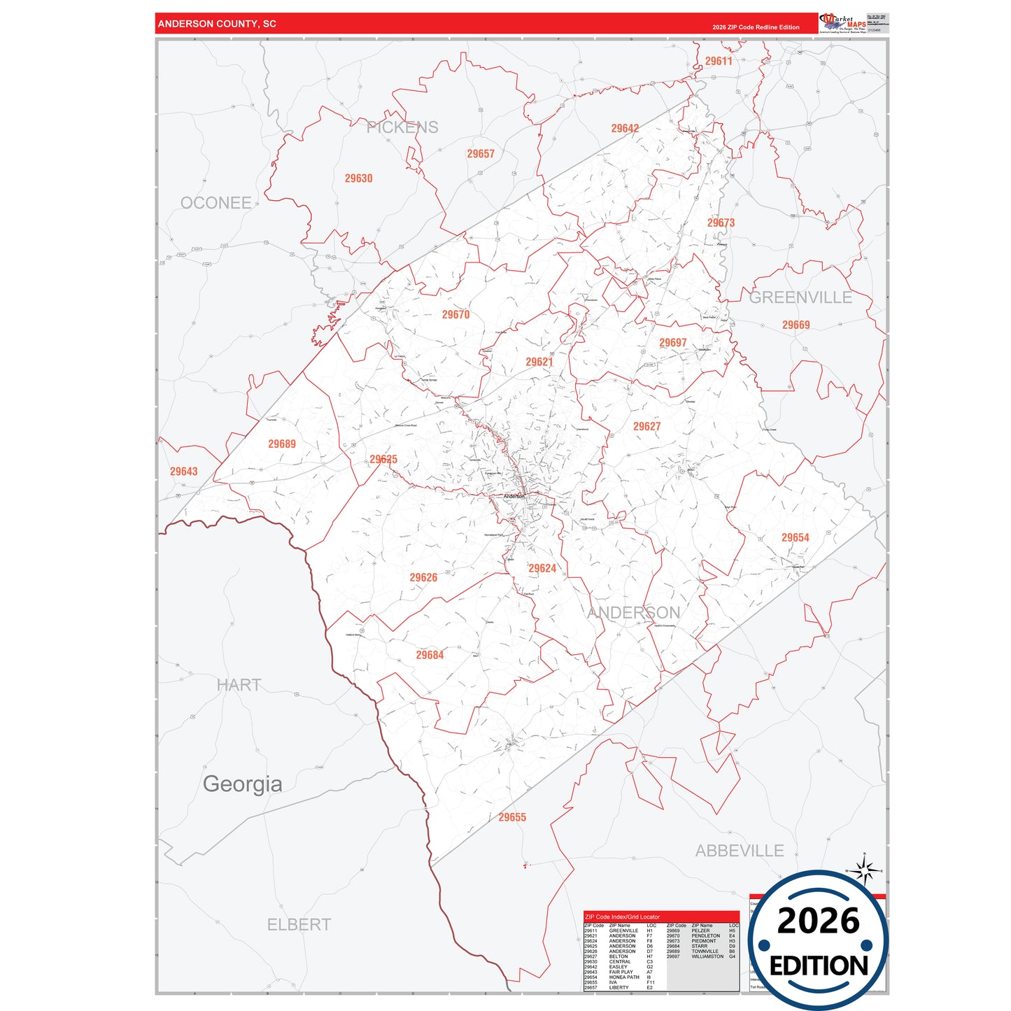 Anderson County, SC Red Line 5 Digit ZIP Code Wall Map