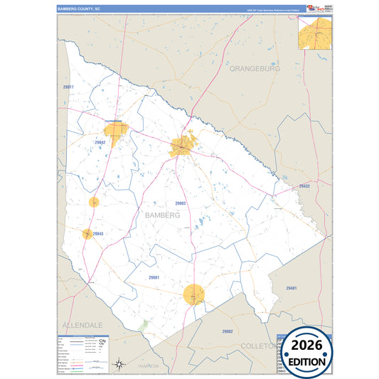 Bamberg County, SC Business Reference 5 Digit ZIP Code Wall Map