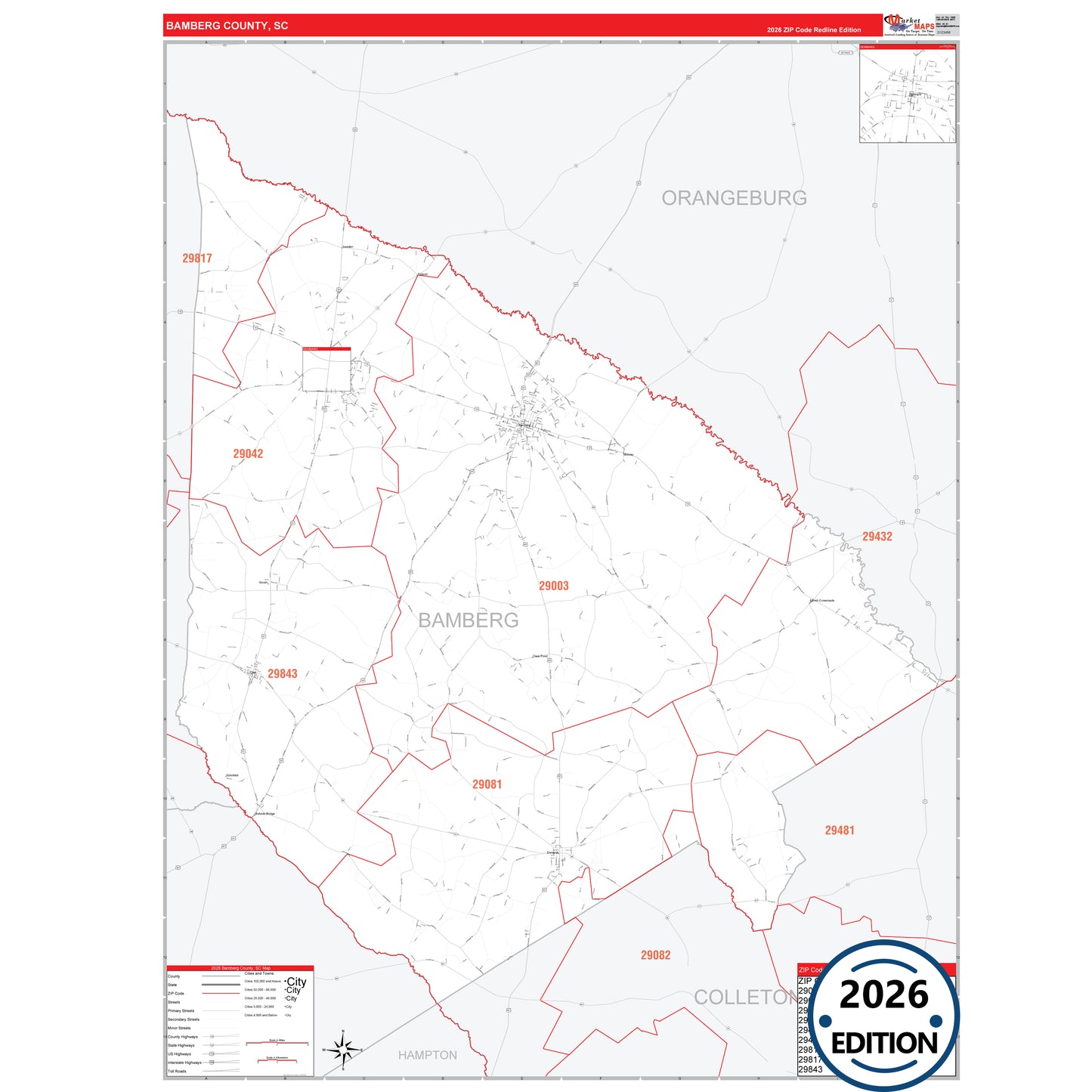 Bamberg County, SC Red Line 5 Digit ZIP Code Wall Map