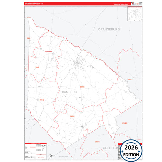Bamberg County, SC Red Line 5 Digit ZIP Code Wall Map