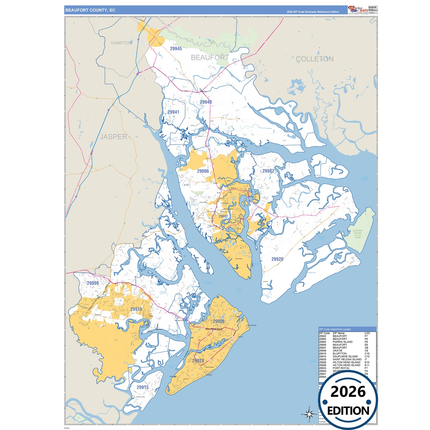 Beaufort County, SC Business Reference 5 Digit ZIP Code Wall Map