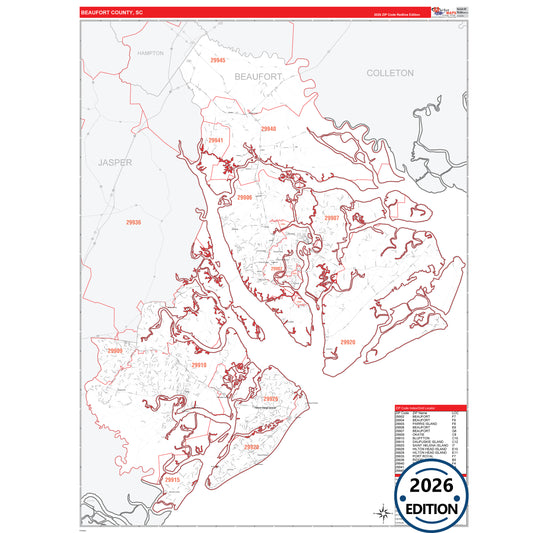 Beaufort County, SC Red Line 5 Digit ZIP Code Wall Map