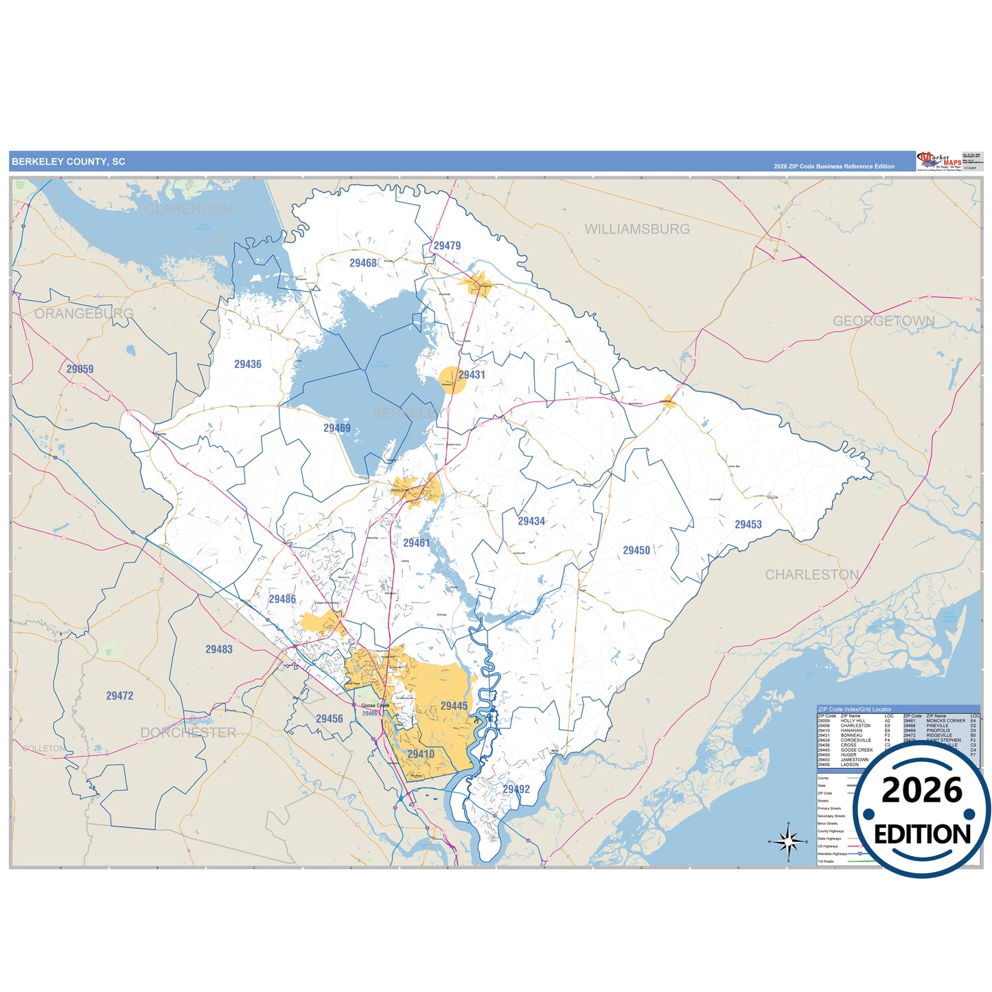 Berkeley County, SC Business Reference 5 Digit ZIP Code Wall Map