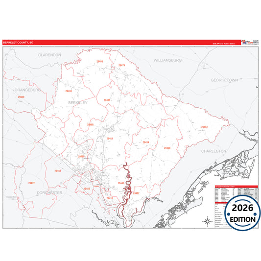 Berkeley County, SC Red Line 5 Digit ZIP Code Wall Map
