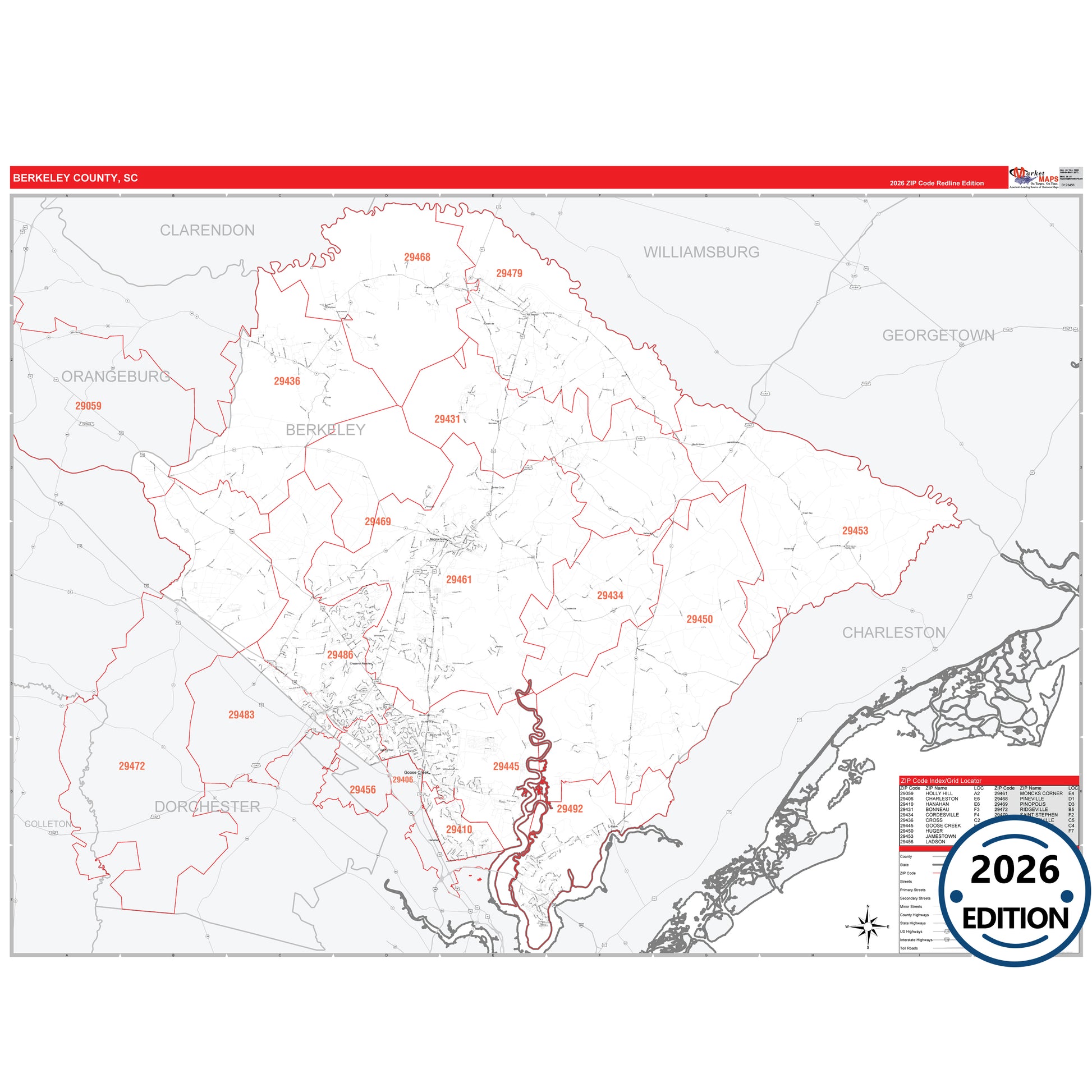 Berkeley County, SC Red Line map with detailed roads, cities, and ZIP code boundaries.