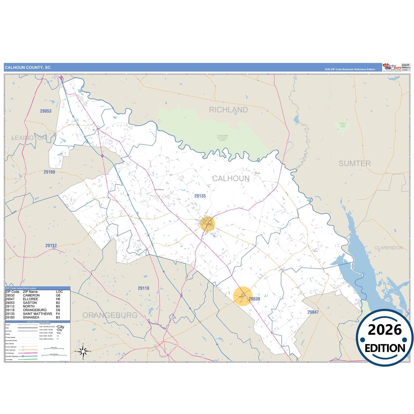 Calhoun County, SC Business Reference 5 Digit ZIP Code Wall Map