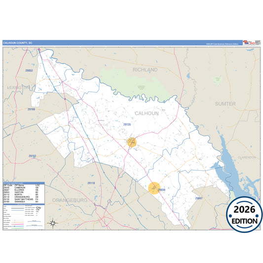 Calhoun County, SC Business Reference 5 Digit ZIP Code Wall Map