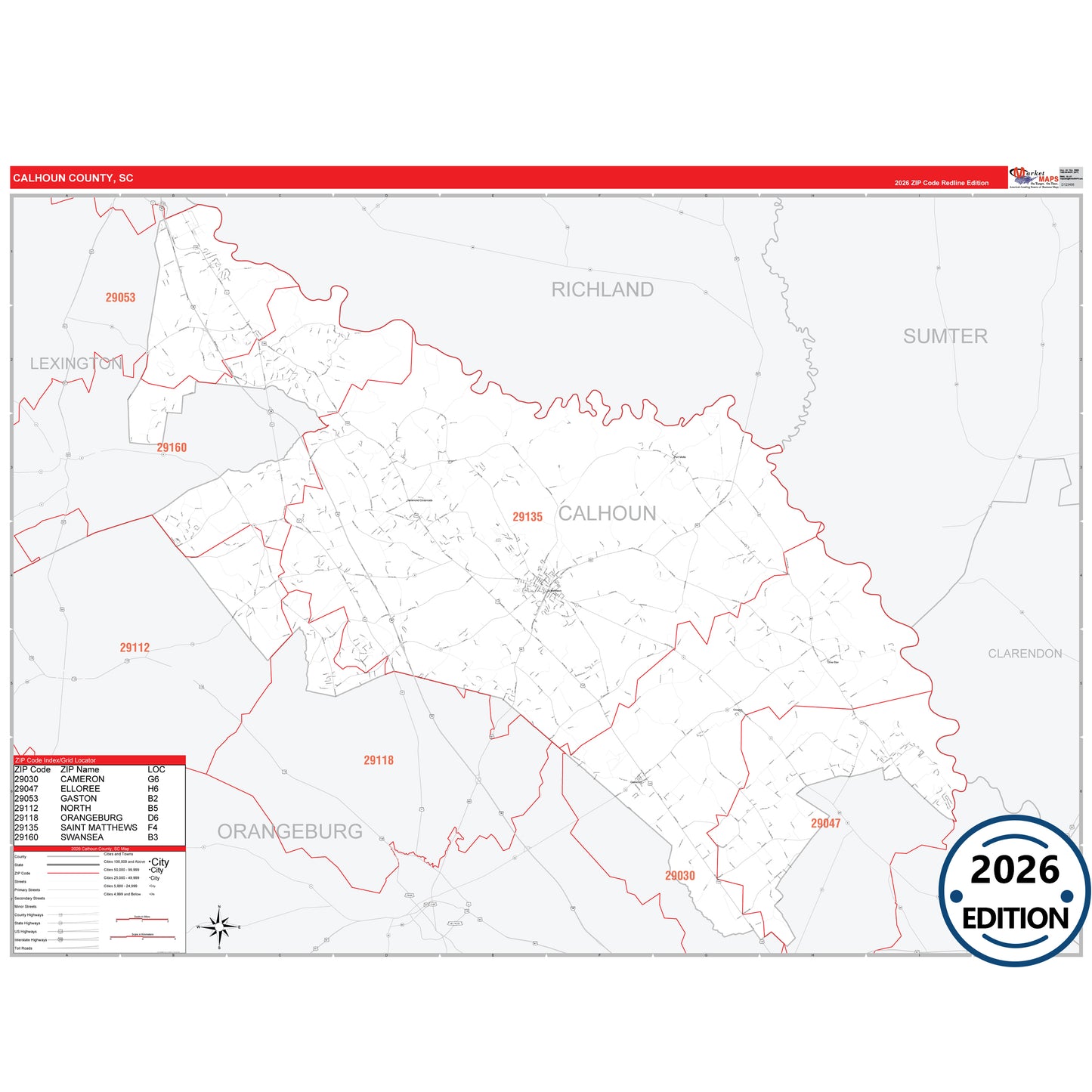 Calhoun County, SC Red Line 5 Digit ZIP Code Wall Map