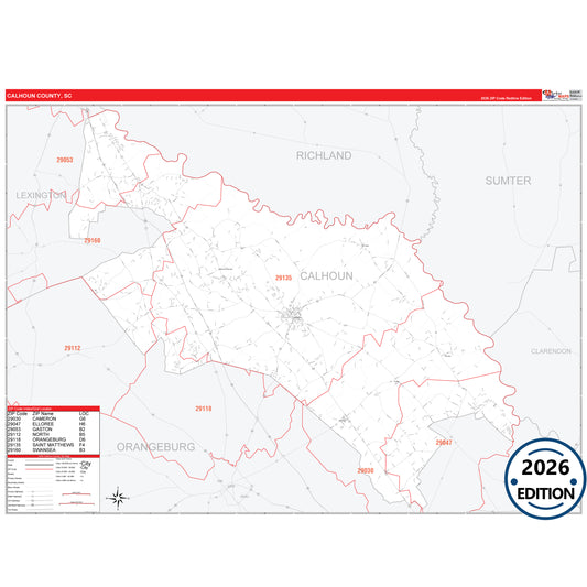 Calhoun County, SC Red Line 5 Digit ZIP Code Wall Map
