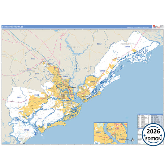 Charleston County, SC Business Reference 5 Digit ZIP Code Wall Map