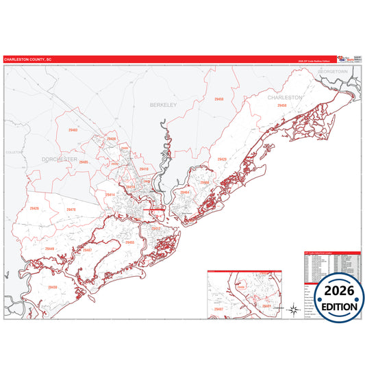 Charleston County, SC Red Line 5 Digit ZIP Code Wall Map