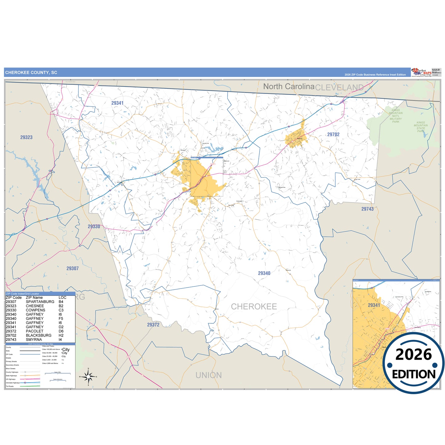 Cherokee County, SC Business Reference 5 Digit ZIP Code Wall Map
