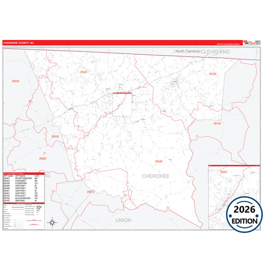 Cherokee County, SC Red Line 5 Digit ZIP Code Wall Map