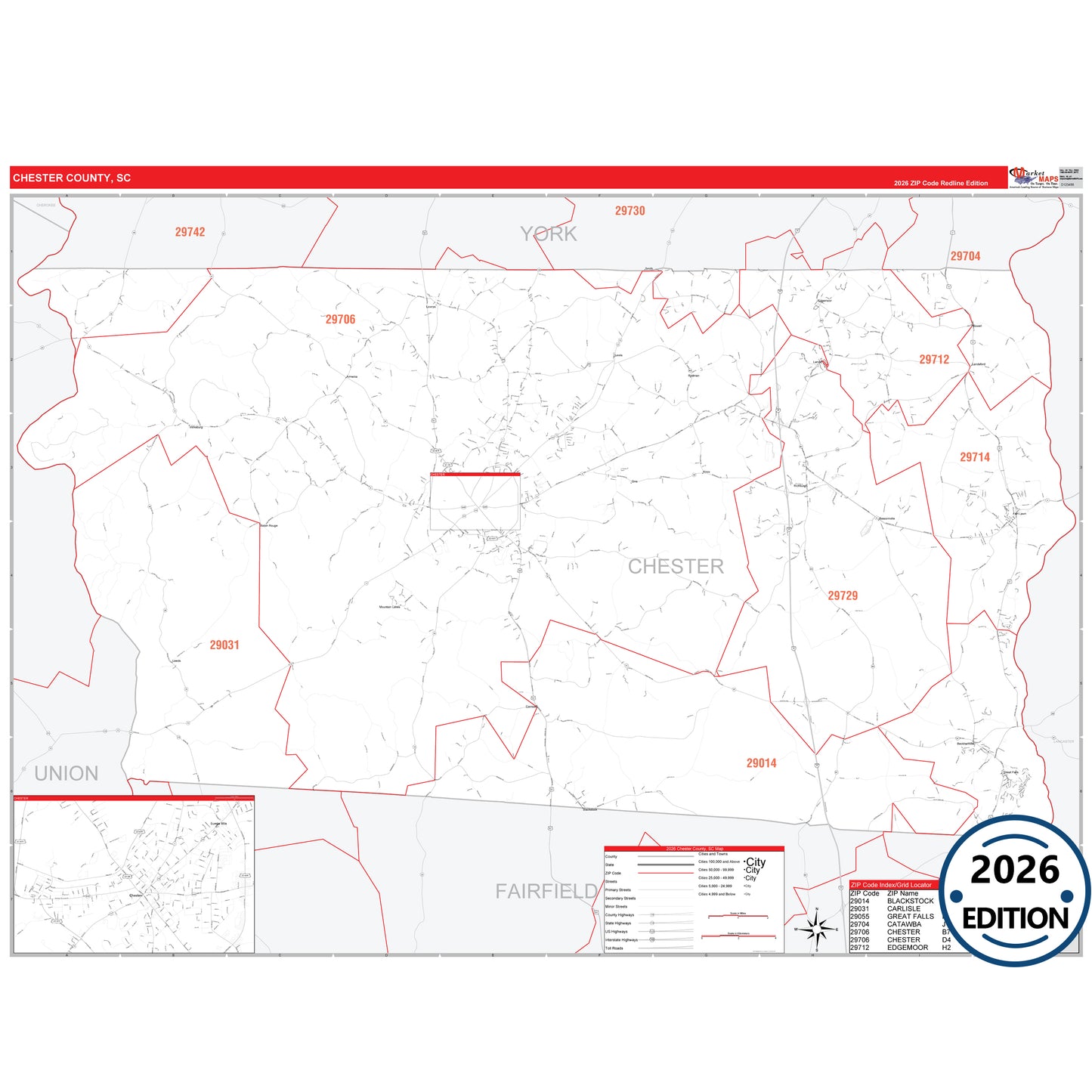 Chester County, SC Red Line 5 Digit ZIP Code Wall Map