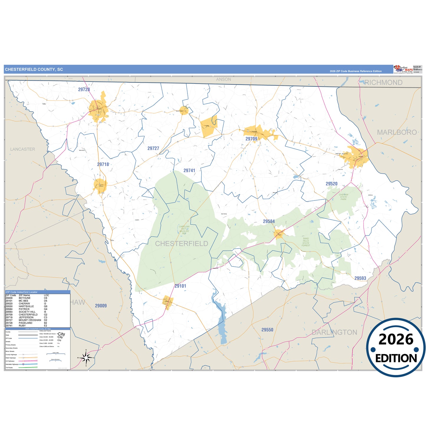 Chesterfield County, SC Business Reference 5 Digit ZIP Code Wall Map