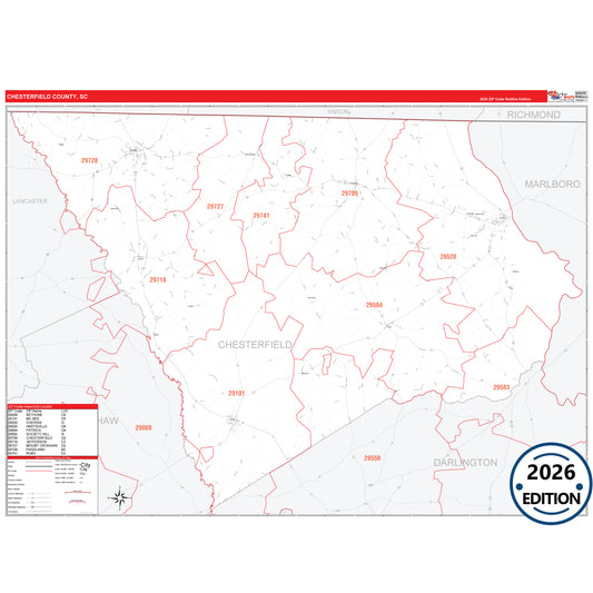 Chesterfield County, SC Red Line 5 Digit ZIP Code Wall Map