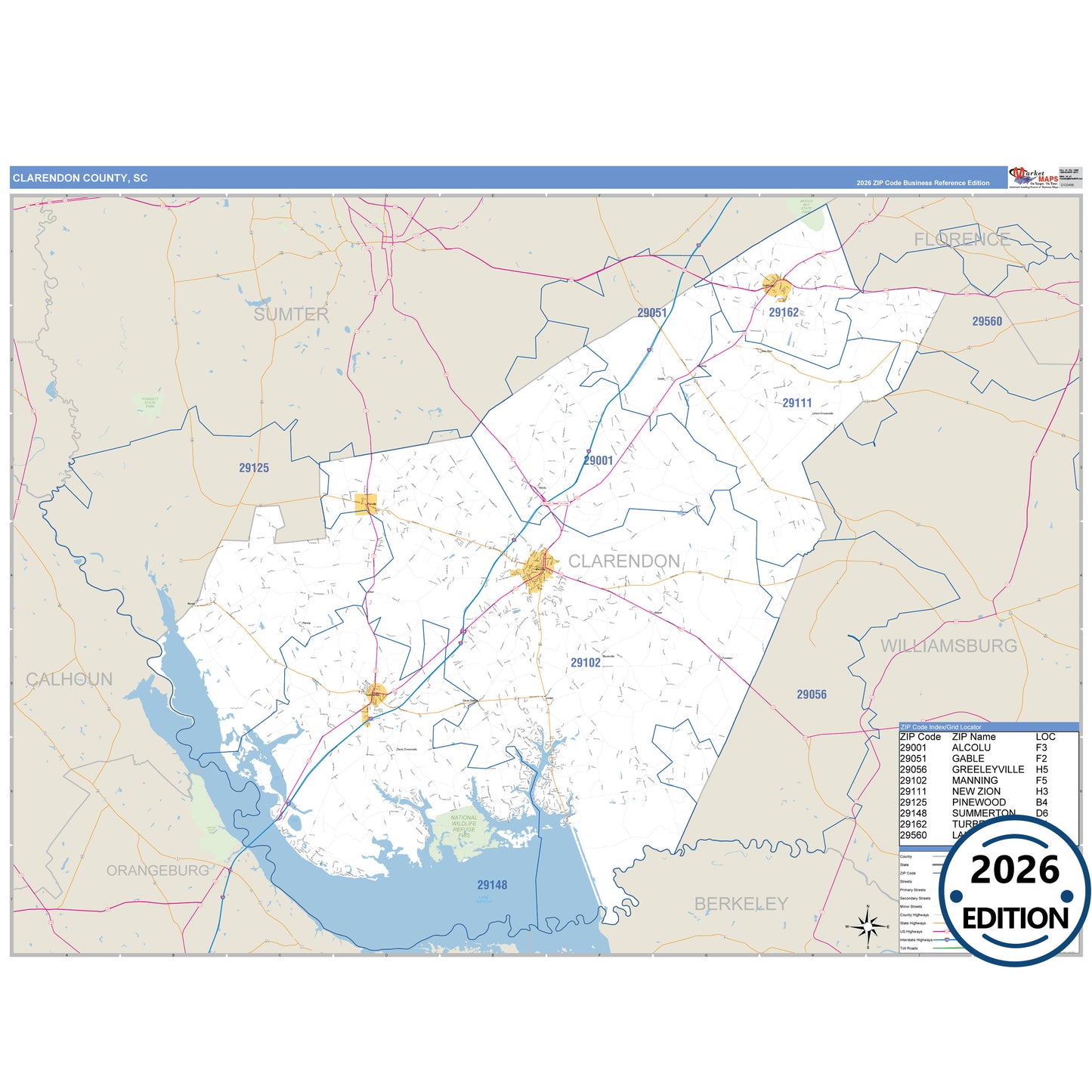 Clarendon County, SC Business Reference 5 Digit ZIP Code Wall Map