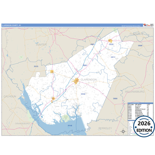 Clarendon County, SC Business Reference 5 Digit ZIP Code Wall Map