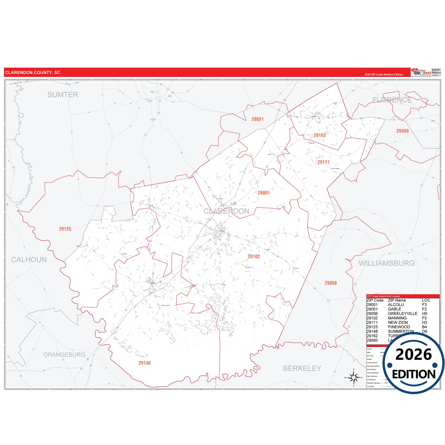 Clarendon County, SC Red Line 5 Digit ZIP Code Wall Map