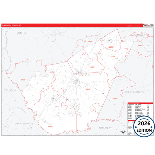 Clarendon County, SC Red Line 5 Digit ZIP Code Wall Map
