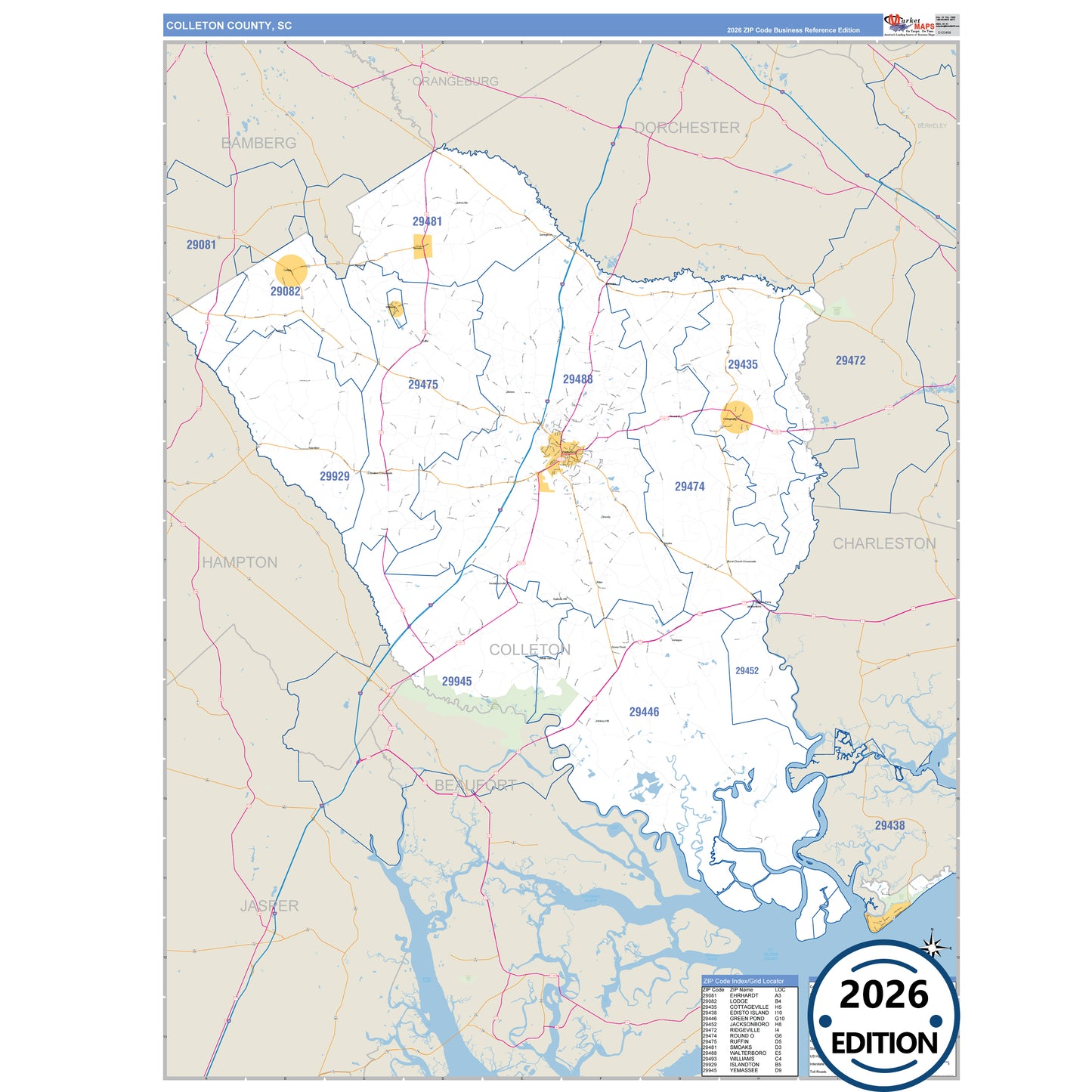 Colleton County, SC Business Reference 5 Digit ZIP Code Wall Map