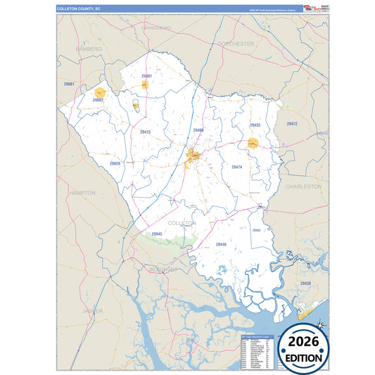 Colleton County, SC Business Reference 5 Digit ZIP Code Wall Map