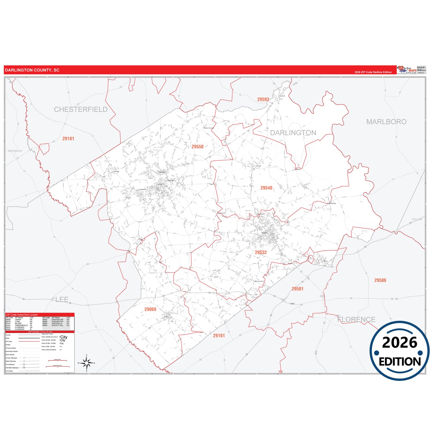 Darlington County, SC Red Line 5 Digit ZIP Code Wall Map