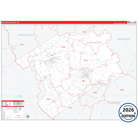 Darlington County, SC Red Line 5 Digit ZIP Code Wall Map