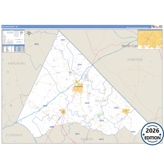 Dillon County, SC Business Reference 5 Digit ZIP Code Wall Map