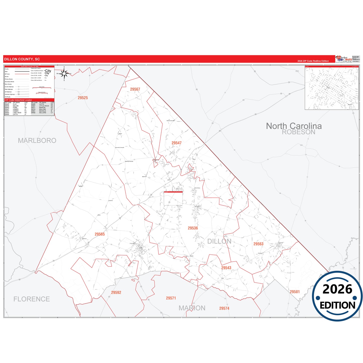 Dillon County, SC Red Line 5 Digit ZIP Code Wall Map