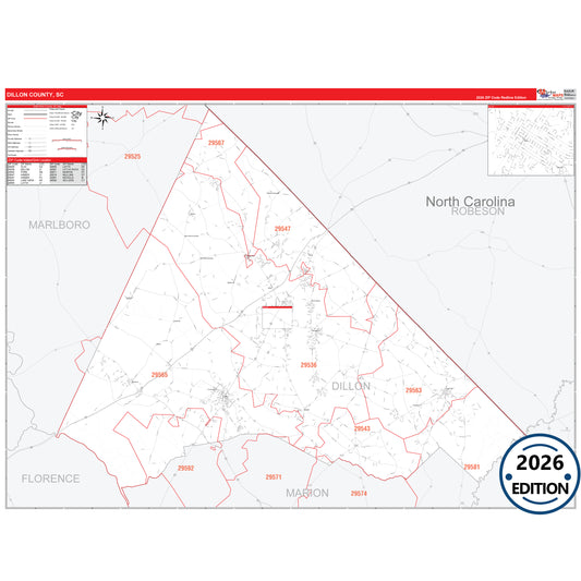 Dillon County, SC Red Line 5 Digit ZIP Code Wall Map