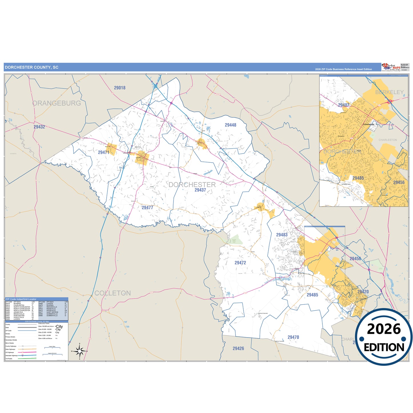 Dorchester County, SC Business Reference 5 Digit ZIP Code Wall Map