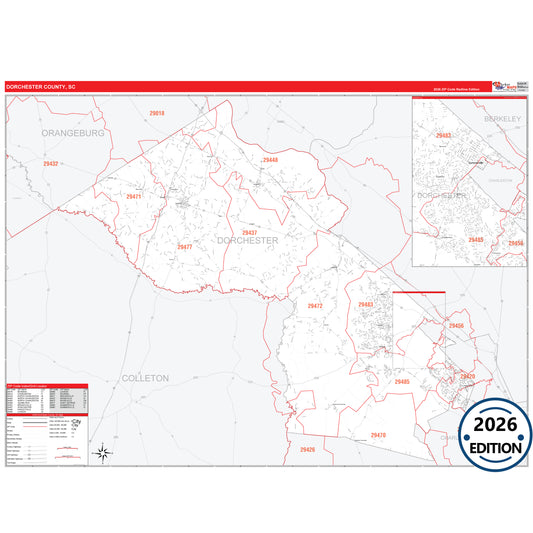 Dorchester County, SC Red Line 5 Digit ZIP Code Wall Map