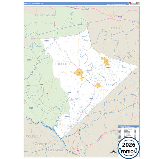 Edgefield County, SC Business Reference 5 Digit ZIP Code Wall Map