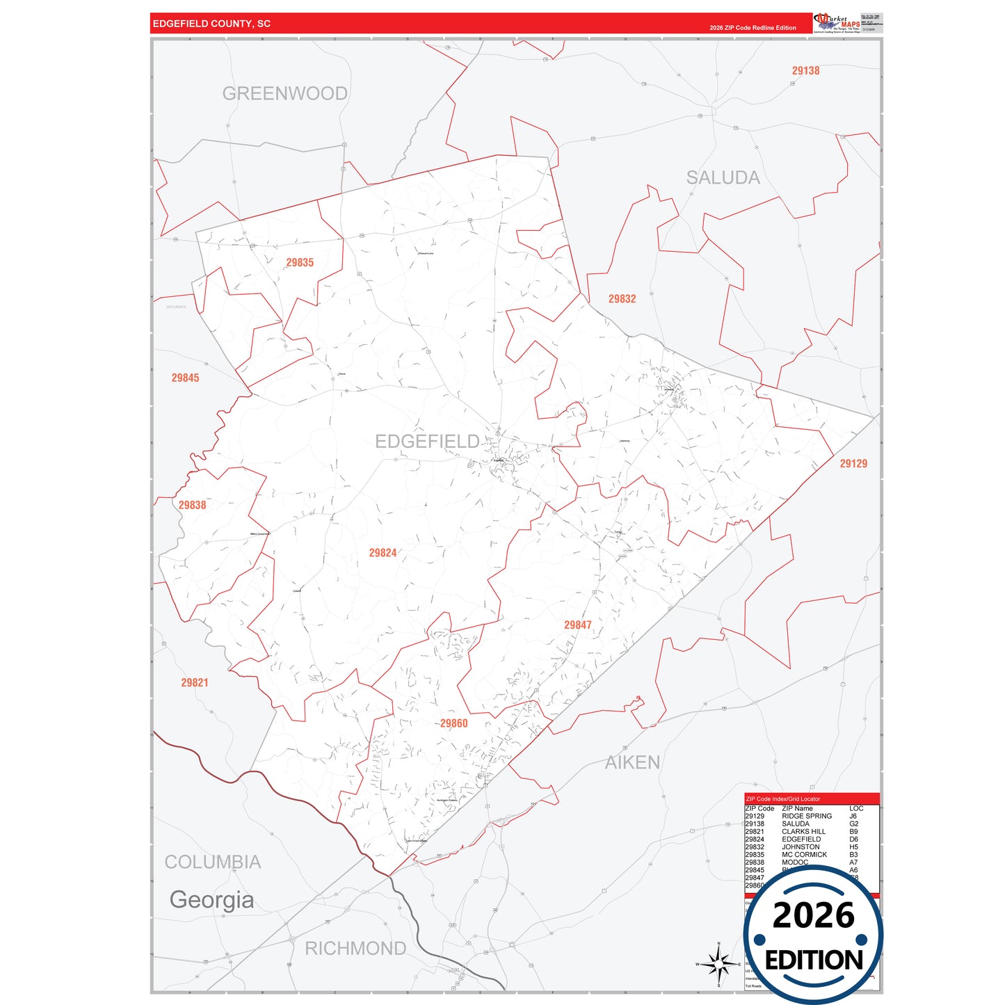 Edgefield County, SC Red Line 5 Digit ZIP Code Wall Map