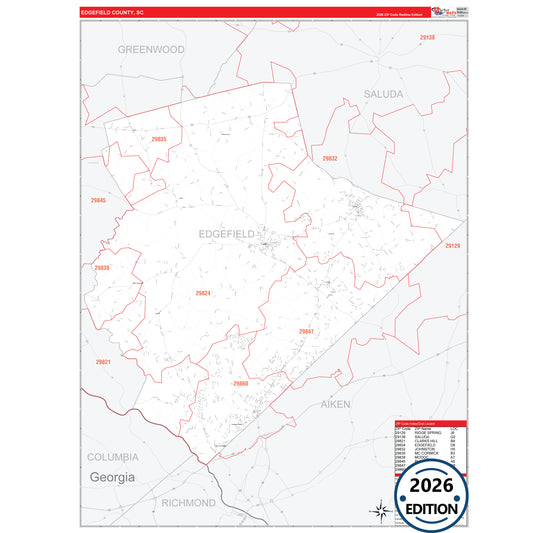 Edgefield County, SC Red Line 5 Digit ZIP Code Wall Map